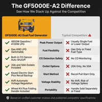 Portable Dual Fuel Generator, 4650W Peak Gasoline Power & 4130W Peak LPG Power, Home Backup Generator with Electric Start, Gas and LPG Compatibility, CO Detection, 20A & 50A Outlets — Comparison