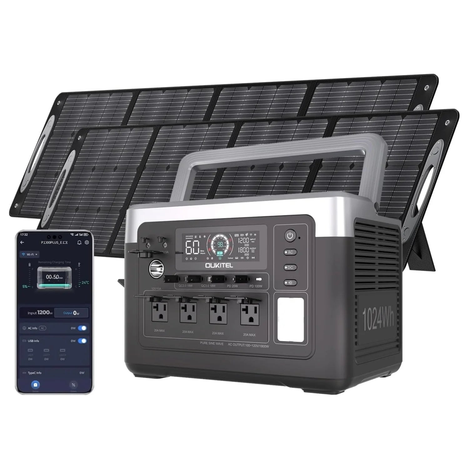 1800W Solar Generator Lifepo4 Battery Home Outdoor Emergency Portable Power Station with Wireless Charging